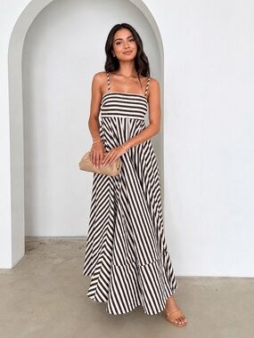 COMMENSE Striped Pleated Cami Long Dress